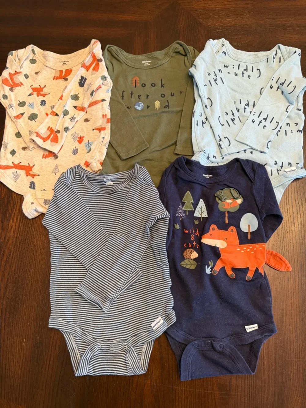 Gerber 5 Pack Baby Boy Bodysuits 6-9M Long Sleeve Fox Woodland Lot